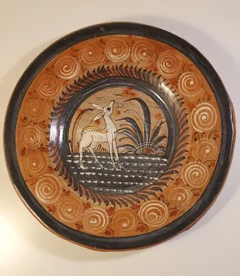 Vintage Mexican Pottery Tonala Style Folk Art Wall Plate With Deer 10  Wide • $24.95