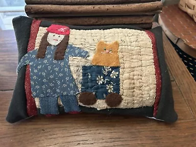 Primitive Stitchery Old Quilt With Girl And Cat In Wagon Small Folk Art Pillow • $16