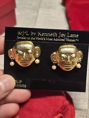 KJL Kenneth Jay Lane Matte Satin Gold Tone Mayan Aztec Tribal Mask Earrings Vtg • $65