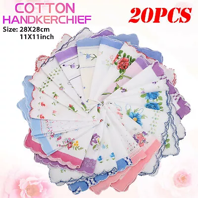 20pcs Men Women 100% Cotton Handkerchiefs Vintage Floral Square Pocket Hankies • $11.98
