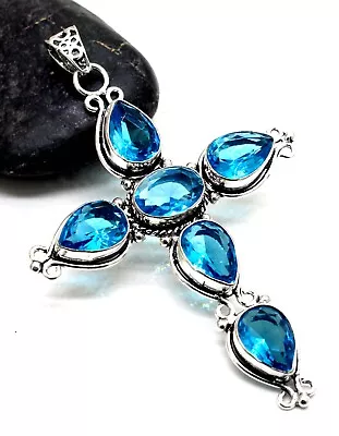 925 Sterling Silver Swiss Blue Topaz Gemstone Handmade Jewelry Cross Pendant S-3 • $19.99