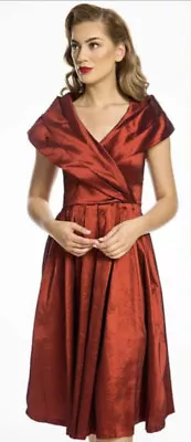 BNWOT SZ10 Lindy Bop Rust Red Amber Stretch Taffeta Vintage 50 Style Dress • £33