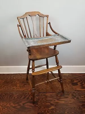 Antique Wood Highchair With Original Tin Metal Tray • $165