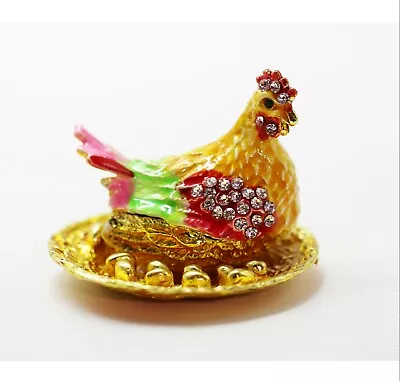 $13.99 • Buy Bejeweled Enameled Trinket Box/Figurine With Rhinestones-Small Chicken On Nest