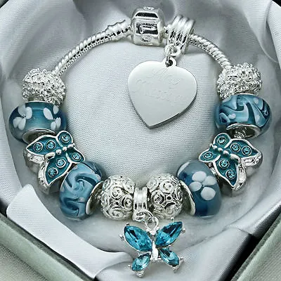 ENGRAVED Bracelet Blue Butterfly Beads Personalised Christmas Birthday Gifts • £13.99