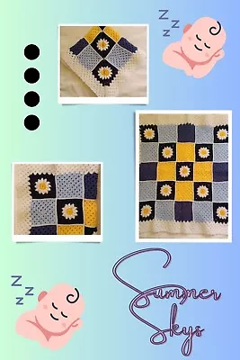 'Summer Skys' Beautiful Hand Crocheted Daisy Granny Square Baby Blanket  • £13.99