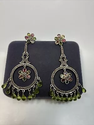 Vintage Sterling Silver Rose Cut Diamonds Peridot Multistone Dangle Earrings • $175