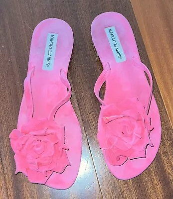 Manolo Blahnik Pink Suede Rose Flat Thong Petala Camellia Sandals  Size 38.5 • $80