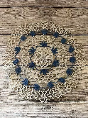 Vtg Handmade Crocheted Ivory Blue Doily Round 11” Boho Decor • £8.67