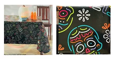 Halloween Vinyl Tablecloth 60” X 102” SKULLS Multicolor NEW Easy Care • $18.88