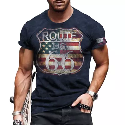 Mens T-Shirt US Route 66 Fashion Graphic Short Sleeve Vintage Fitness Tee Shirts • $18.86