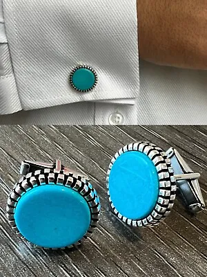 $42.30 • Buy Real 925 Sterling Silver Mens Blue Turquoise Cuff Links Cufflinks Tuxedo Shirt