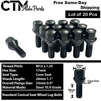 20x Black 12x1.25 Wheel Lug Bolt 28mm Shank Fit Cherokee Compass Renegade Dart • $29.43