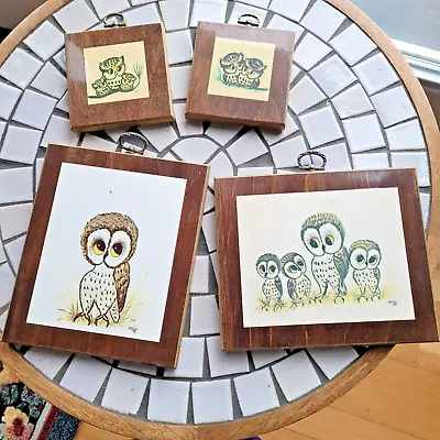 Set Of 4 Mid Century Vintage Owl Pictures On Wooden Treasure Plaques Artist Thay • $29.95