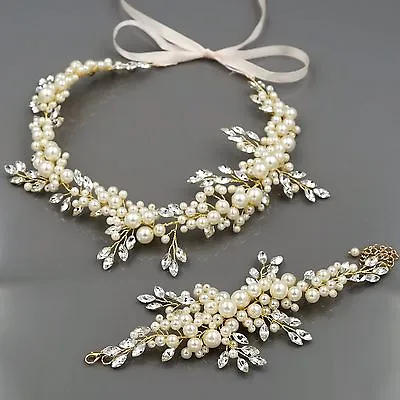 $35.99 • Buy Crystal Pearl Headband Headpiece Tiara Bridal Wedding Accessory Bracelet Set 10G