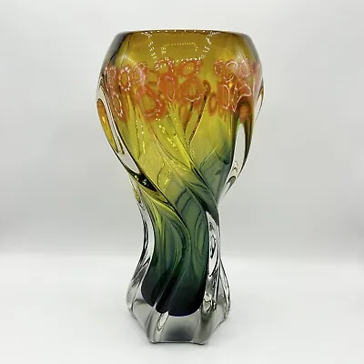 Thick Ribbed Twisting Milefiori Glass Multicolored Vase 11.25” • $79
