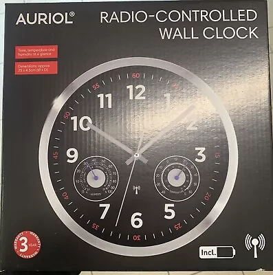 Auriol Radio-Controlled Wall Clock Time - Temperature - Hamidity - Round - Black • £20.99