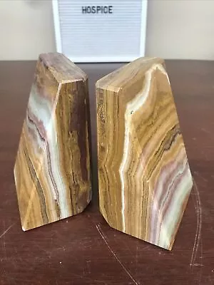 Onyx Marble Wedge Bookends 1 Pair Beveled Edges Heavy • $40