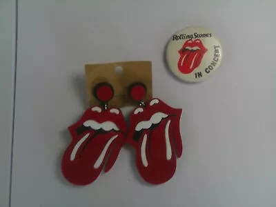 Vintage ROLLING STONES In Concert. Tongue Pin-Back Button & Tongue Earrings • $24.99