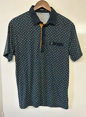 FARAH VINTAGE Mens Navy & Green Spots Polo T-Shirt & Logo Size Large 100% Cotton • £6.50