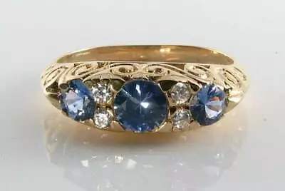 Large 9k 9ct Gold Ceylon Sapphire & Diamond Art Deco Ins Ring Free Resize • £499