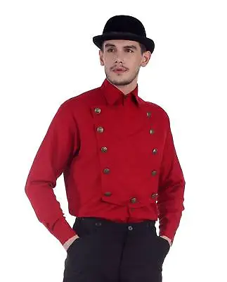 Men's Victorian Steampunk Airship Captain Red Costume Shirt Bib Front Buttons • $15.96