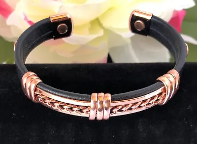 Solid Copper Leather Wrapped Magnetic Bracelet Men Women Energy Cuff Cuban Link • $15.99