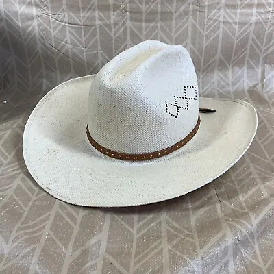 Vintage John B. Stetson Cowboy Hat Straw Leather Band Vent Holes 5X 23.5” Rim • $49.99