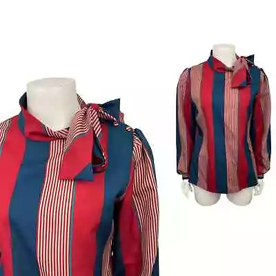 1980s Stripe Blouse Top Button Up Tie Secretary Blouse  / Women’s Small * • $16
