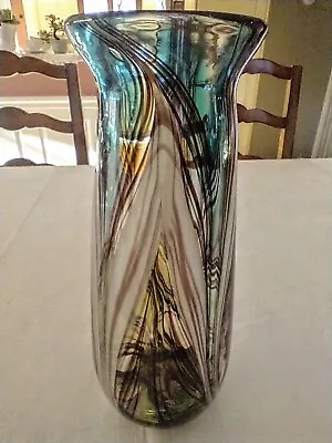 LARGE 13  Hand Blown Art Glass VASE Clear Blue White And Tan • $15