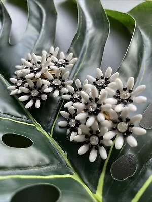 Vintage Clip Earrings Rhinestone Floral  Flower Power 1960s BLACK WHITE Plastic • £14.38