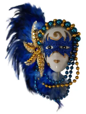 Blue Masked Beaded Lady Feather Magnet Mardi Gras Party Favor • $5.29