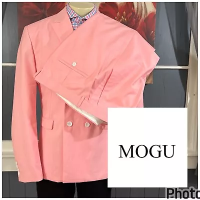 Mogu Suit 2Pc Mens 44R Double Breasted Blazer Pants 40x32 Polyester Pink • $99