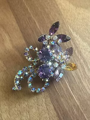 Vintage AUSTRIA Aurora Borealis Purple Gold Tone Brooch Missing Stone • $8.99