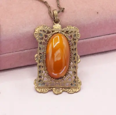 Vintage Edwardian Art Nouveau Brass Lily Filigree Brown Satin Glass Necklace • $119.95