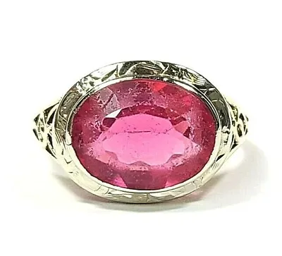 Vintage Pink Glass 14k Yellow Gold Floral See Thru Etched Ring Size 4 3/4  • $399