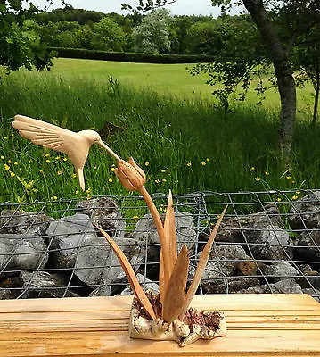 ChiselCraft Hand Carved Wooden Hummingbird In Flower Bud & Reeds Humming Bird B • £16.99