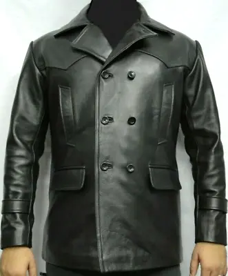 WW2 German Submarine Kriegsmarine Pea Coat Men's Real Leather Retro Black Jacket • $125