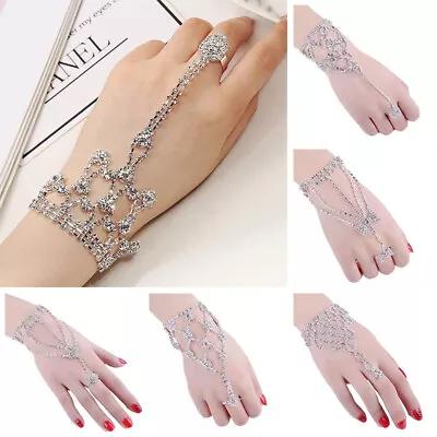 Women Crystal Chain Tassel Bracelet Bangle + Finger Ring Hand Harness Fashion • £3.59