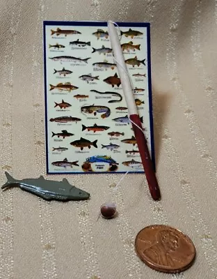 Miniature Dollhouse  Or Room Box Fish Poster W/ Fish And Fishing Pole • $5