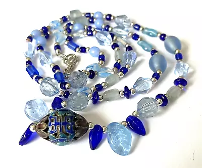 Vintage Chinese Character Enamel & Blue Glass & Lucite Bead Necklace 28  • $34.99