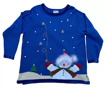 Quaker Factory Snowman Christmas Sweater Vintage Blue Feather Trim Ugly 2X NWT • $79.97