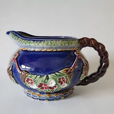 Nouveau Majolica Pottery Large 9  Blue & Green Floral Pitcher CBK LTD Wanjiang • $22