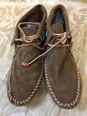 Vintage Moccasins Brown Suede Beaded Leather Lace Up Travel Shoe 7 1970s Fringe • $15