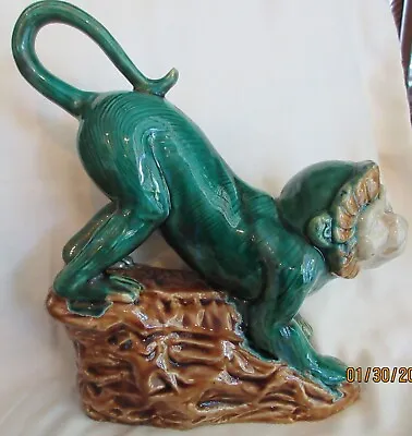 Majolica Stoneware Tan-Faced Green Capuchin Monkey  On A Rock Glazed Figurine • $25.65