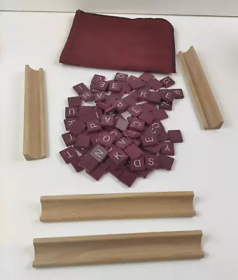 98 VTG Scrabble Deluxe Burgundy Maroon Wooden Letter Tiles & 4 Wood Holders • $19.95