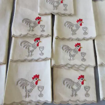 11 Vintage MADEIRA Scalloped Linen COCKTAIL Napkins Hand Embroidered ROOSTERS • $24.99