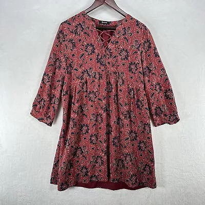 Madewell Dress Womens XL Red Floral Silk Tunic Shirt Lace Up 3/4 Sleeve Boho • $26