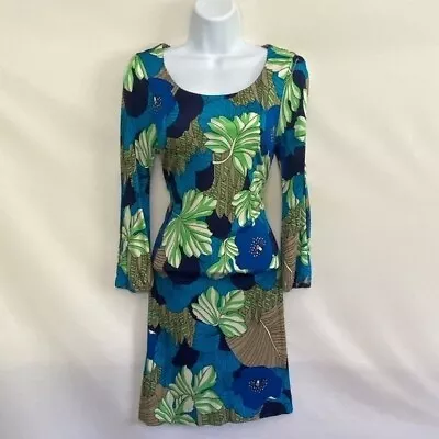 F-181 Tibi Blue Green‎ & White Floral 3/4 Length Split Sleeve MIDI Dress Size S • $48