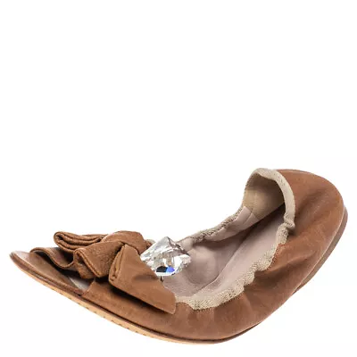 Miu Miu Brown Leather Scrunch Bow Open Toe Ballet Flats Size 40.5 • $101.85